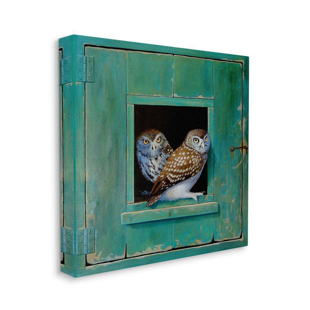 Spotted Owls Perched Rustic Green Door Ledge by Alan Weston Unframed Animal Art Print 24 in. x 24 in. -F10-0910