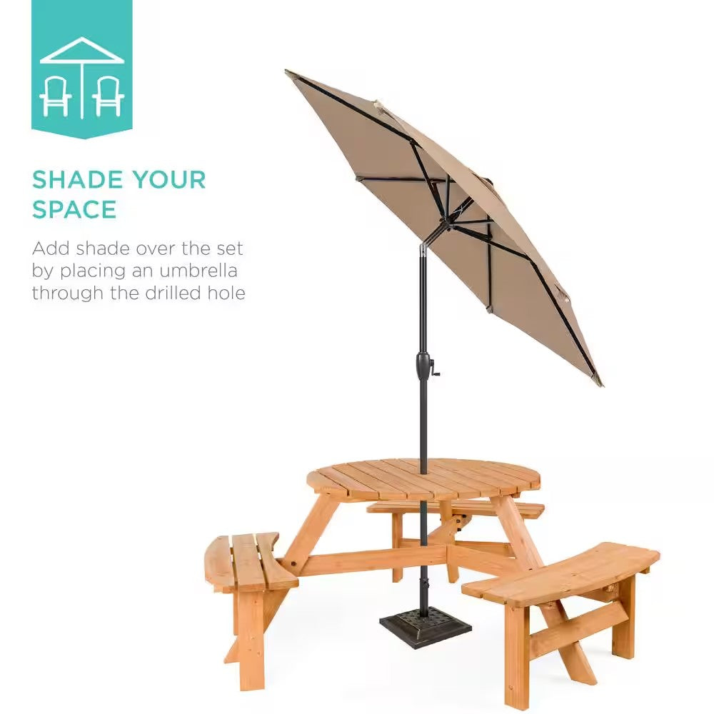 6-Person Natural Circular Wooden Picnic Table w/ Umbrella Hole, 3-Benches - H8 - 115