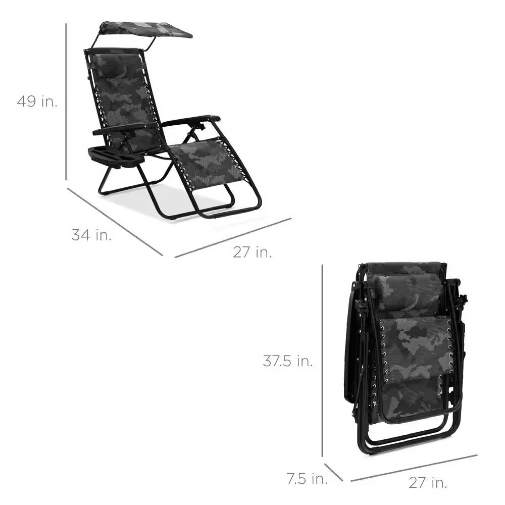 Zero Gravity Folding Reclining Camouflage Fabric Outdoor Lawn Chair with Canopy Shade, Headrest Tray - M6 - 1957