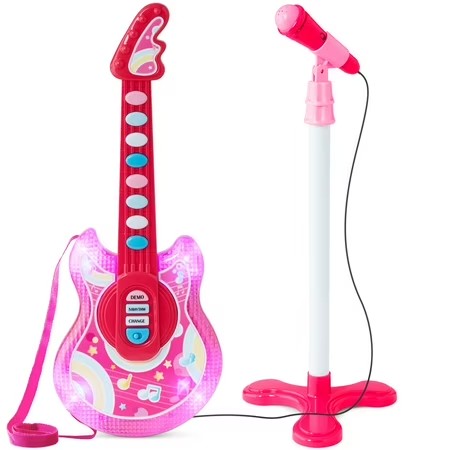 Best Choice Products 19in Kids Flash Guitar, Pretend Play Musical Instrument Toy for Toddlers w/ Mic, Stand - Pink - B1 - 1003