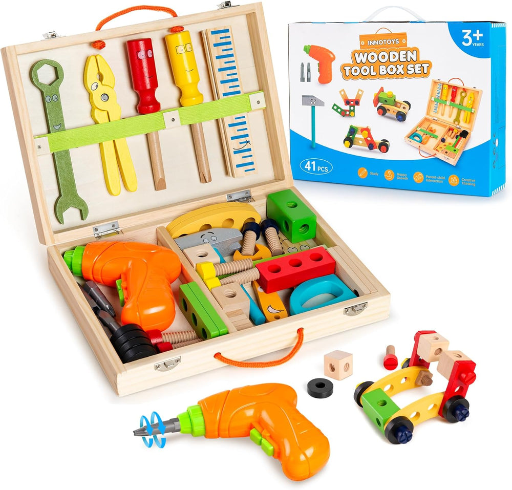 Kids Tool Set with Drill, Montessori Toys for 2 3 4 5 6 Years, Toddler Toys Easter Basket Stuffers, 41 Pcs Wooden STEM Construction Learning Pretend Play Games, Birthday Gift for Boys Girls 1308