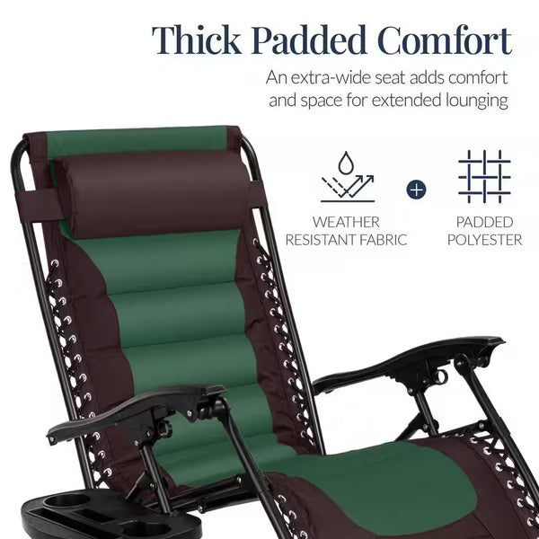 Oversized Padded Zero Gravity Brown/Green Metal Reclining Outdoor Lawn Chair with Side Tray -M12-0051