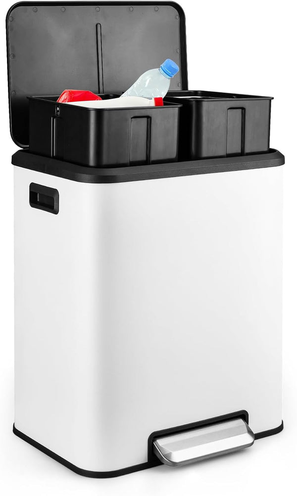 8 Gallon/30 Liter Dual Compartment Trash Can, Stainless Steel Garbage Can with Soft-Close Lid and Two Removable Inner Buckets, 2 x 15L Two Compartment Trash Bin for Kitchen Bedroom Home, White - D12 - 1561