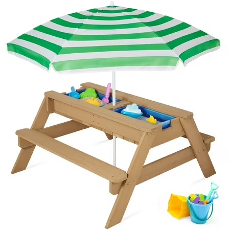 Best Choice Products Kids 3-in-1 Outdoor Convertible Activity Sand & Water Picnic Table w/ Umbrella - Green -L3-0030