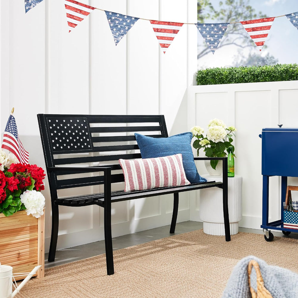 Best Choice Products Outdoor Bench 2-Person Steel Indoor/Outdoor Bench for Garden, Patio, Porch, Entryway w/American Flag, 790lb Capacity   Black - D5 - 1456