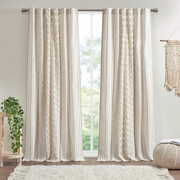 INK+IVY Imani 100% Cotton SINGLE PANEL Curtain Tufted Chenille Stripe Geometric Print Mid-Century Look Rod Pocket Top Drape for Living Room, Privacy Window Treatment for Bedroom, 50" W x 108" L, Ivory -A11-1285