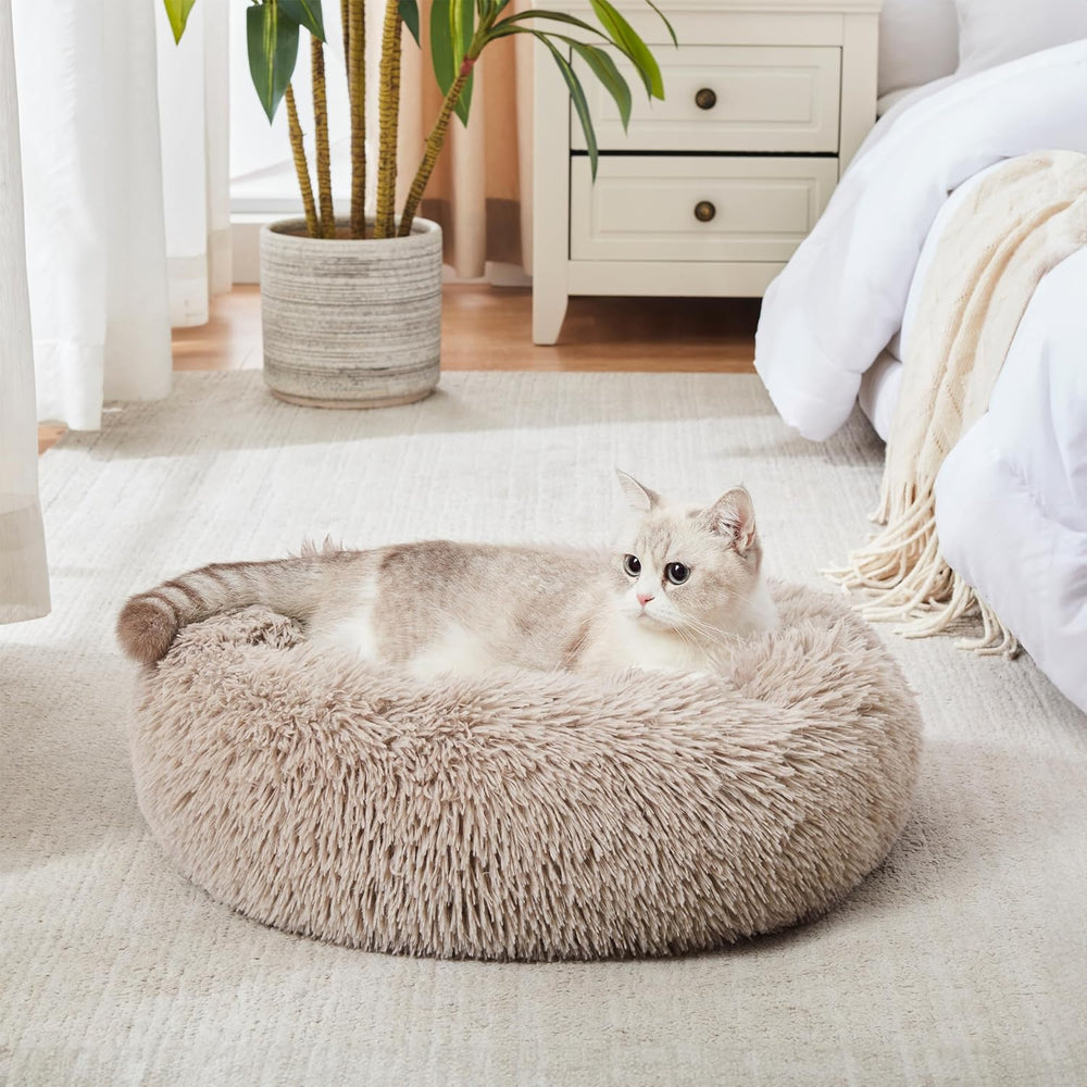 Calming Dog Bed & Cat Bed, Anti-Anxiety Donut Cuddler Warming Cozy Soft Round Fluffy Faux Fur Plush Cushion Bed for Small Medium Dogs and Cats - L9 - 1642