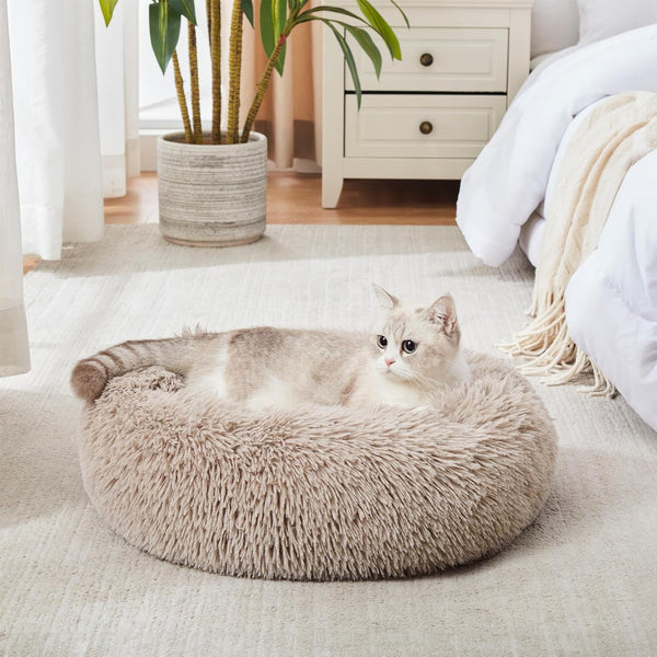 Calming Dog Bed & Cat Bed, Anti-Anxiety Donut Cuddler Warming Cozy Soft Round Fluffy Faux Fur Plush Cushion Bed for Small Medium Dogs and Cats - L9 - 1642