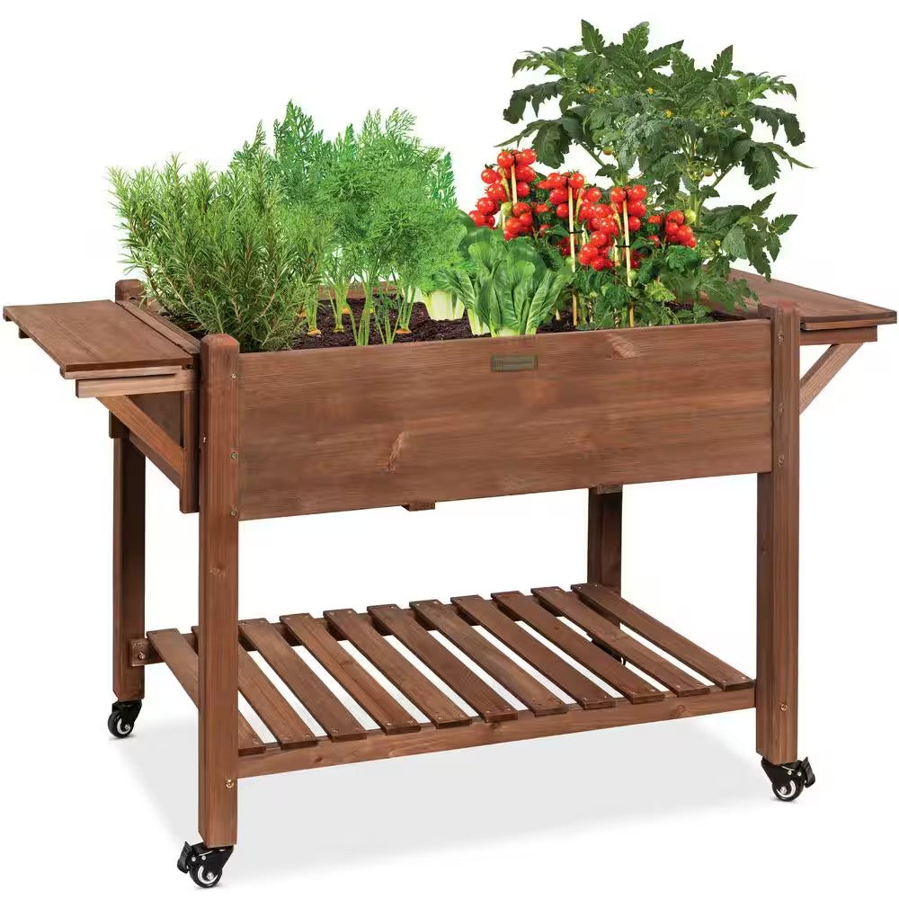 4.75 ft. x 1.67 ft. x 2.75 ft. Mobile Elevated Garden Bed, Raised Wood Planter Box with Folding Side Tables -M6-1601