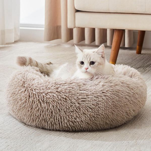 Calming Dog Bed & Cat Bed, Anti-Anxiety Donut Cuddler Warming Cozy Soft Round Fluffy Faux Fur Plush Cushion Bed for Small Medium Dogs and Cats - L9 - 1642