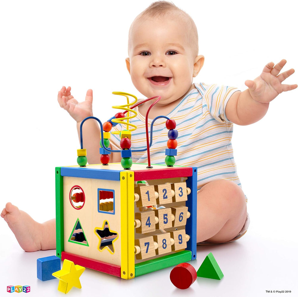 Play22 Wooden Activity Cube for Baby - 6 in-1 Baby Activity Play Cube with Bead Maze, Shape Sorter, Abacus Counting Beads, Counting Numbers, Sliding Shapes, Removable Bead Maze, 8Pcs Stacking Cups - B4 - 1369
