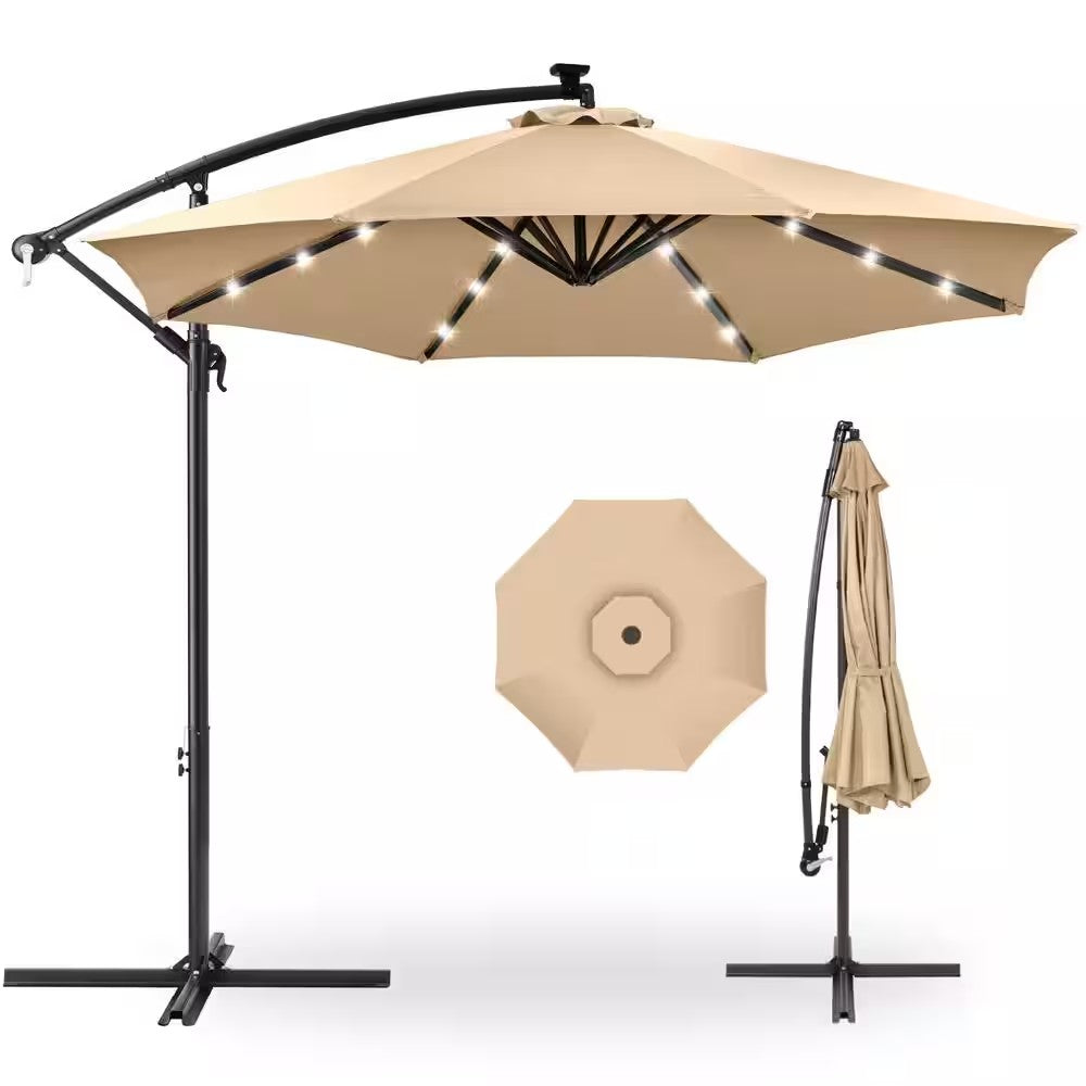 10 ft. Cantilever Solar LED Offset Patio Umbrella with Adjustable Tilt in Sand -H5-2007