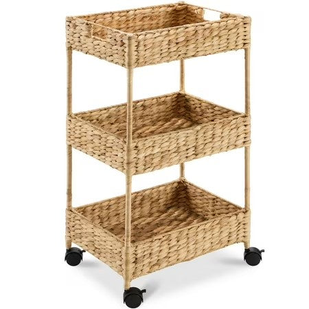 Best Choice Products 3-Tier Water Hyacinth Rolling Nursery Caddy w/ Wheels, Utility Cart, Storage Organization - Natural - H4 - 1034