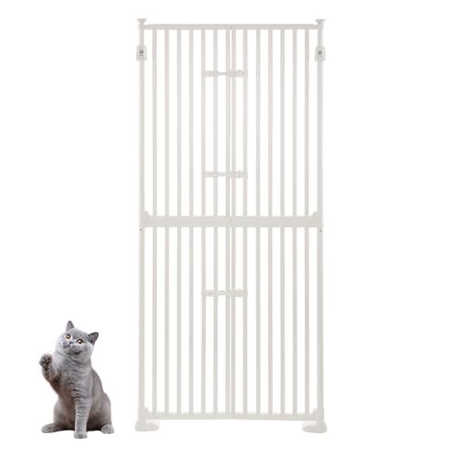Unipaws 74 Inch High Extra Tall Cat Gate with Doors Locks Narrow Bar Spacing, Pressure Mounted 6 to 8 Feet Tall Adjustable Pet Gate, Cat Door Way Indo - A4 - 430