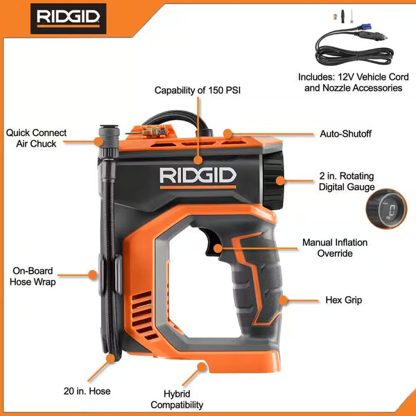 RIDGID 18V Cordless Portable Inflator (Tool Only) 1796