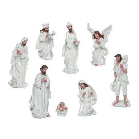 Set of 8 White Christmas Pearlized Nativity Set 8 -G9-1861