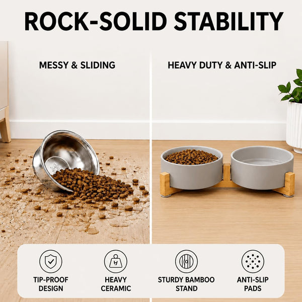 SPUNKYJUNKY Ceramic Dog and Cat Bowl with Wood Stand Non-Slip Matte Glaze Weighted Food Water Set for Cats &Small Dogs 13.5OZ - B4 - 511