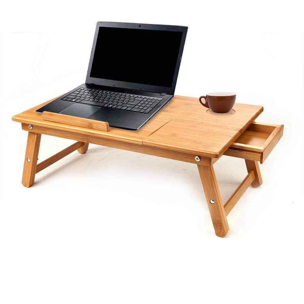 Bamboo Laptop Bed Tray with Drawer and Adjustable Top, Legs, Cooling Holes in Brown -A4-1037