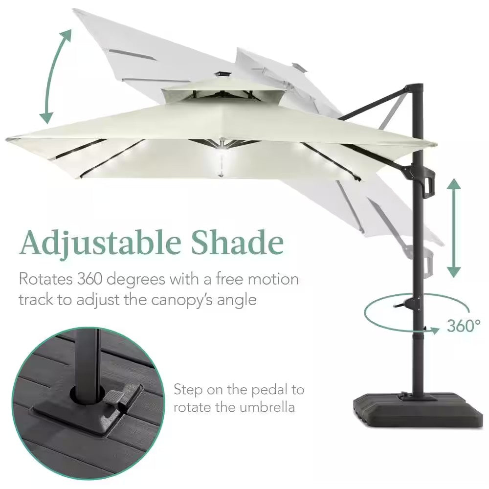 10 ft. Solar LED 2-Tier Square Cantilever Patio Umbrella with Base Included in Ivory - TR - 279