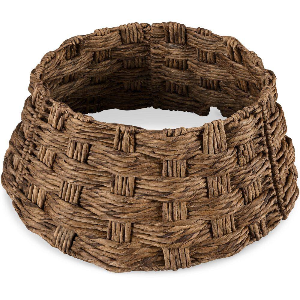 24 in. Basket Woven Hyacinth Christmas Cellulose Tree Collar, Skirt Accessory with Cord Cut-Out in Chestnut - E8 - 1042