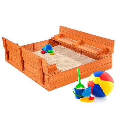 Best Choice Products 47x47-Inch Kids Wooden Outdoor Sandbox w/ 2 Foldable Bench Seats, Sand Protection, Liner - Brown - D2-0459