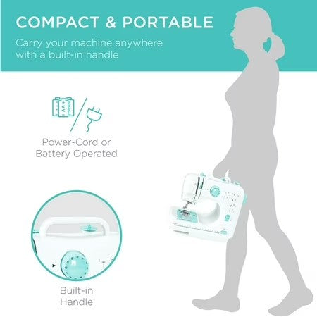 Best Choice Products 6V Portable Sewing Machine, 42-Piece Beginners Kit w/ 12 Stitch Patterns - Teal/White - C1 - 993