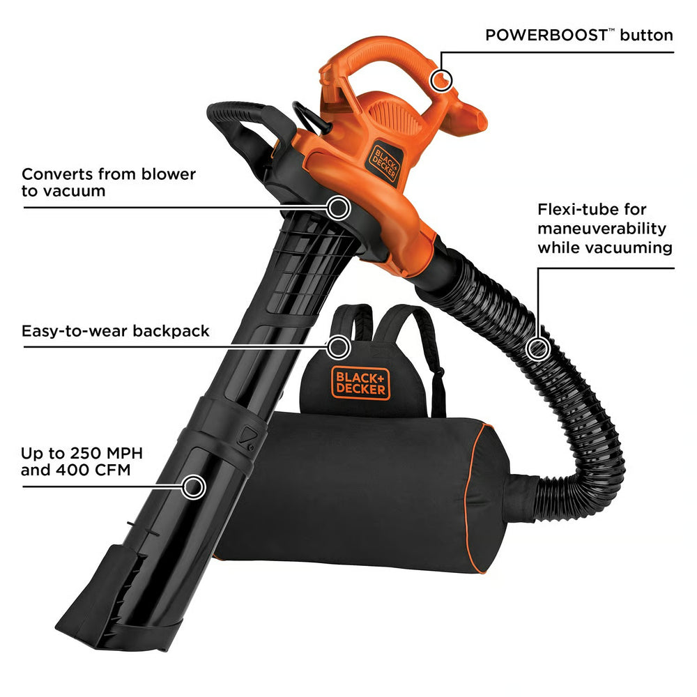 Black+Decker 250 mph 400 CFM Electric Backpack Blower/Mulcher/Vac 1777