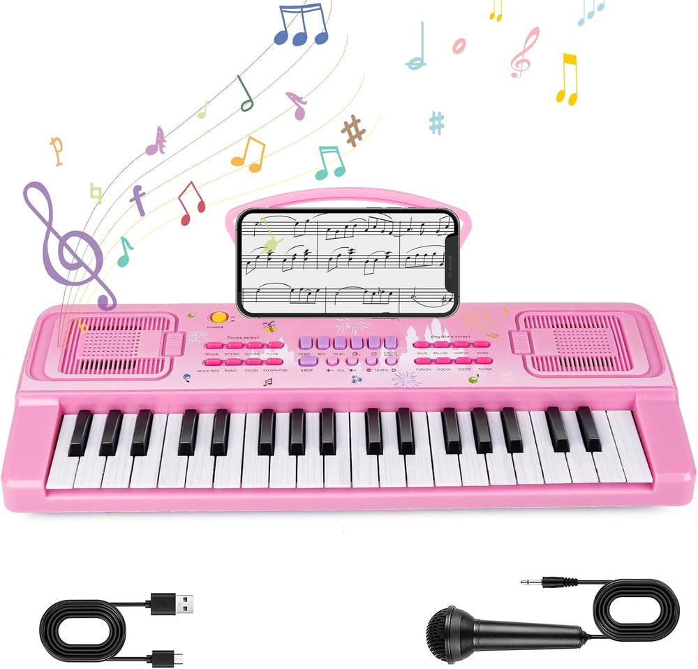 Kids Keyboard Piano, 37 Keys Keyboard Electric Digital Piano, Early Learning Educational Musical Toys Piano for Kids Toddlers Beginners with Music Stand, Microphone - Christmas Birthday Gifts, Pink 1297