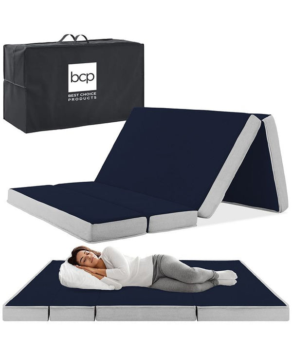 Best Choice Products 4in Thick Folding Portable Midnight Blue Mattress Topper w/ Carry Case, Washable Cover - Blue - Twin XL - C1 - 998