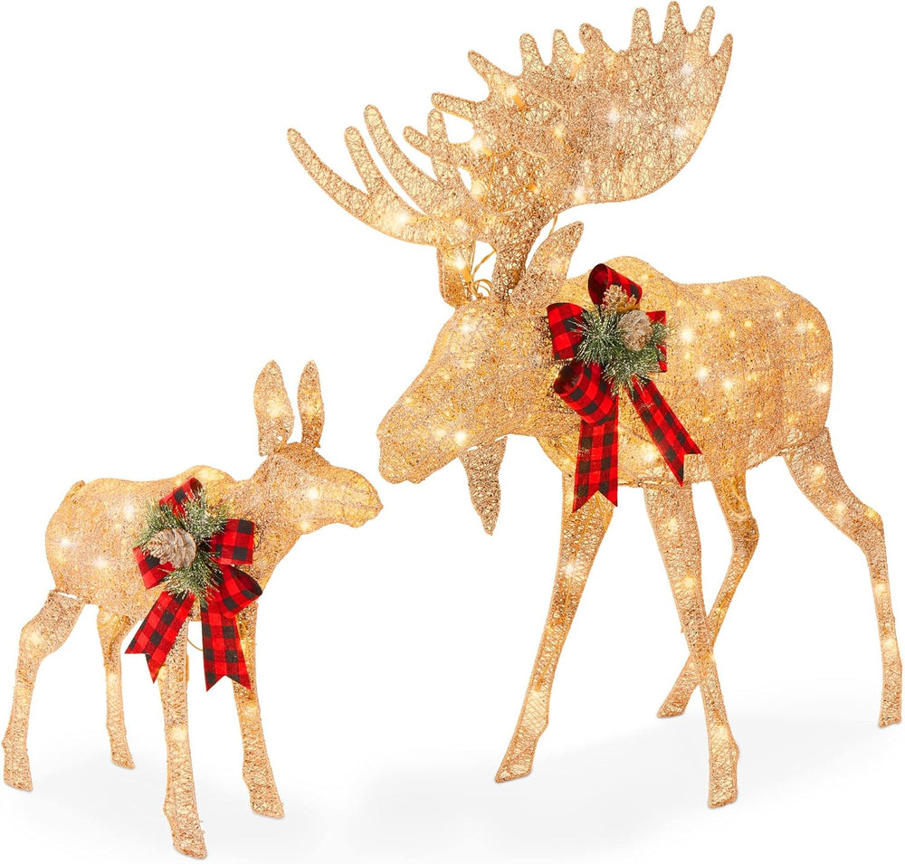 Best Choice Products 2-Piece Moose Family, Lighted Outdoor All-Weather Christmas Yard Decoration Light-Up D cor Set w/ 170 LED Lights, Ground Stakes, Zip Ties - Gold - A8 - 1459