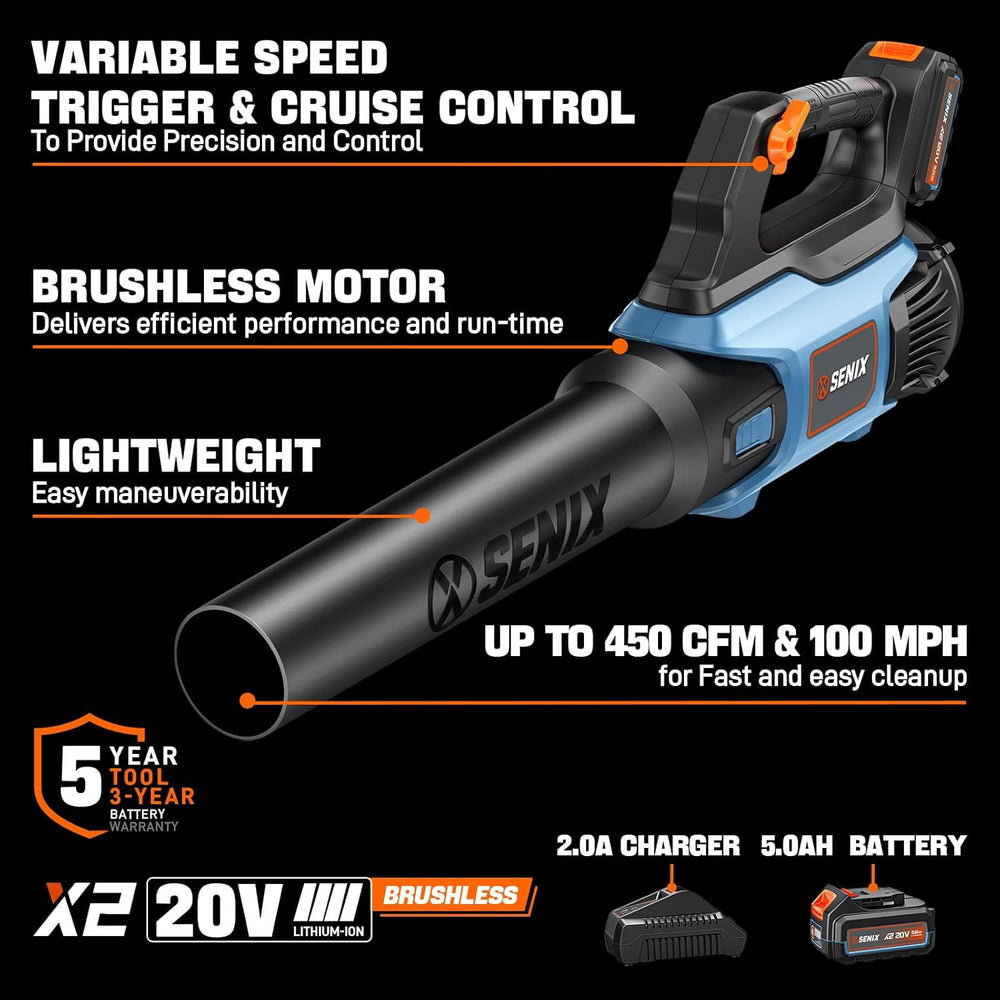SENIX 20V Max Leaf Blower, Cordless, Brushless, Handheld, Up to 450 CFM and 100 MPH, 2 Speed Mode, Cruise Control, Lightweight, 5.0 Ah Battery and Charger Included (BLAX2-M3) 1848