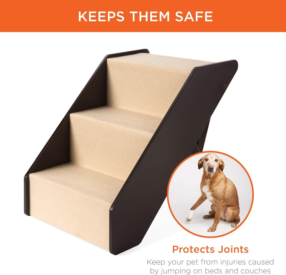 Best Choice Products 3-Step Foldable Adjustable, Non-Slip Wide Wooden Pet Stairs for Living Room, Bedroom, Dog & Cat Sizes Small, Medium, Large w/Carpet, No Assembly, Ideal for Injured, Elderly Pets 1486