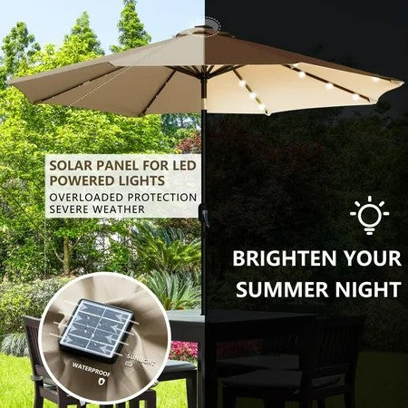 Sun-Ray 9 FT 32 LED Patio Solar Umbrella w/ Push Button Tilt and Crank Outdoor Umbrella Taupe 1754