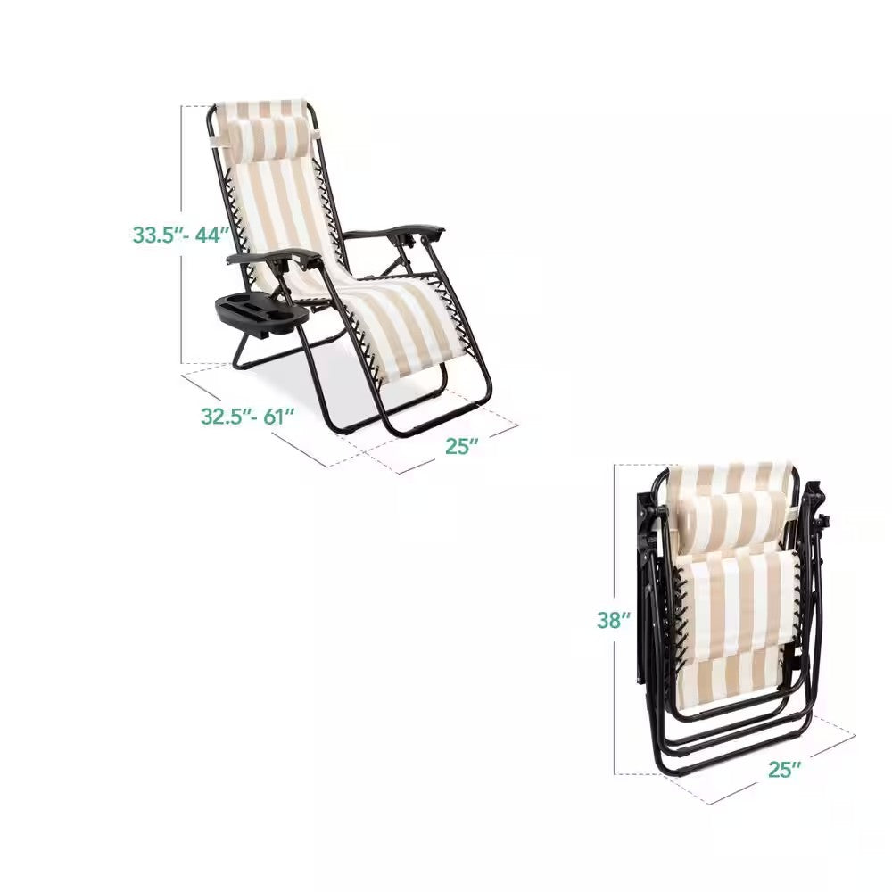Tan Striped Metal Zero Gravity Reclining Lawn Chair with Cup Holders (2-Pack) - D4-0470