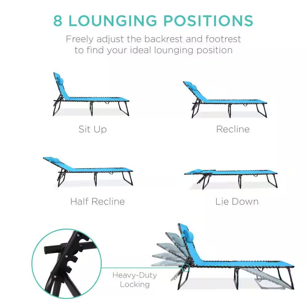 Outdoor Chaise Lounge Chair, Portable Adjustable Folding Patio Recliner with Pillow in Light Blue -D8-0591