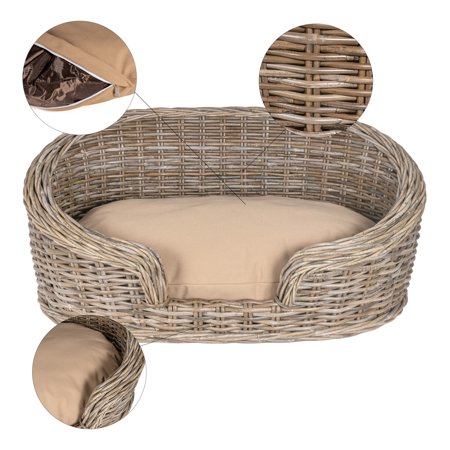 THE LICKER STORE Curvy 33" x 21.25" Classic Handwoven Rattan Pet Bed with Machine-Washable Cushion, Kubu Gray, DBD1001A - H2 - 985