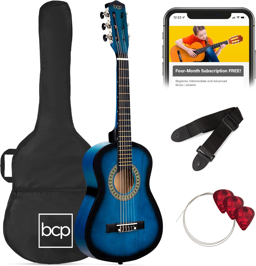Best Choice Products 30in Kids Acoustic Guitar, All-in-One Beginner Starter Kit w/Strap, Case, Extra Strings, Rosette Inlay - Blueburst - E2 - 957