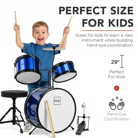 Best Choice Products Kids Beginner 3-Piece Drum, Musical Instrument Set w/ Sticks, Cushioned Stool, Drum Pedal - Blue - E2 - 962