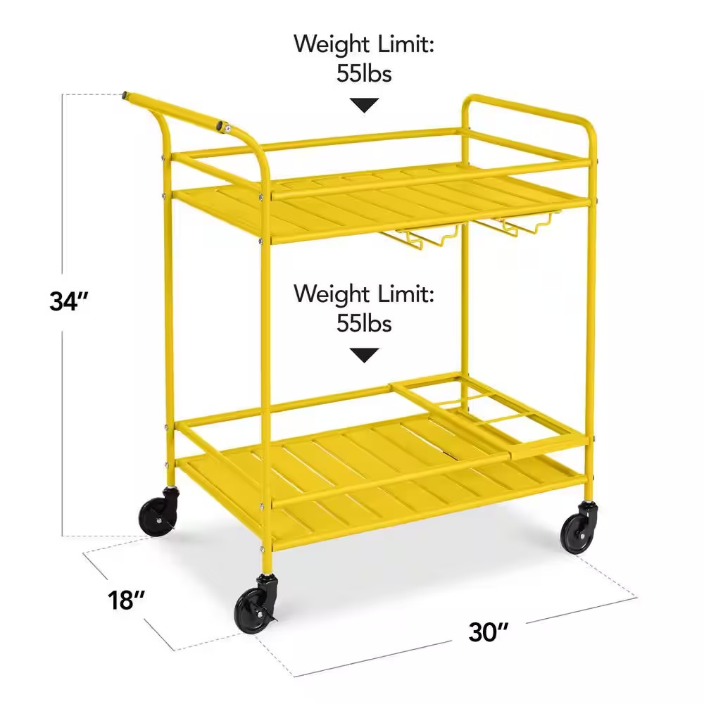 2-Tier Yellow Outdoor/Indoor Metal Bar Serving Cart with Storage Shelves and Lockable Wheels -A6-0498