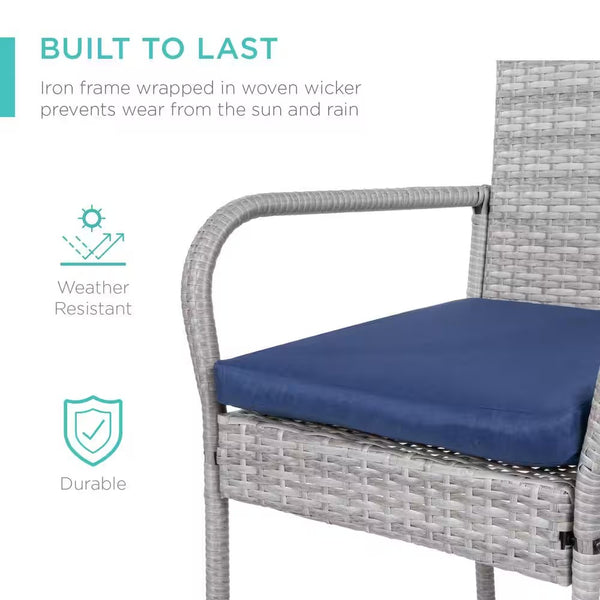 Wicker Grey Outdoor Bar Stools with Navy Blue Cushions (2-Pack) -M8-0043