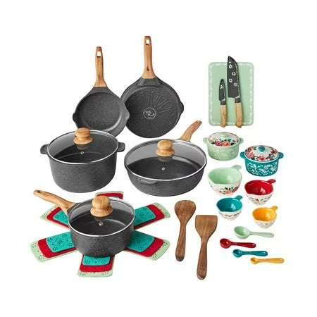 The Pioneer Woman Prairie Signature 30-Piece Cast Aluminum Cookware Set, Charcoal Speckle - C13 - 1315
