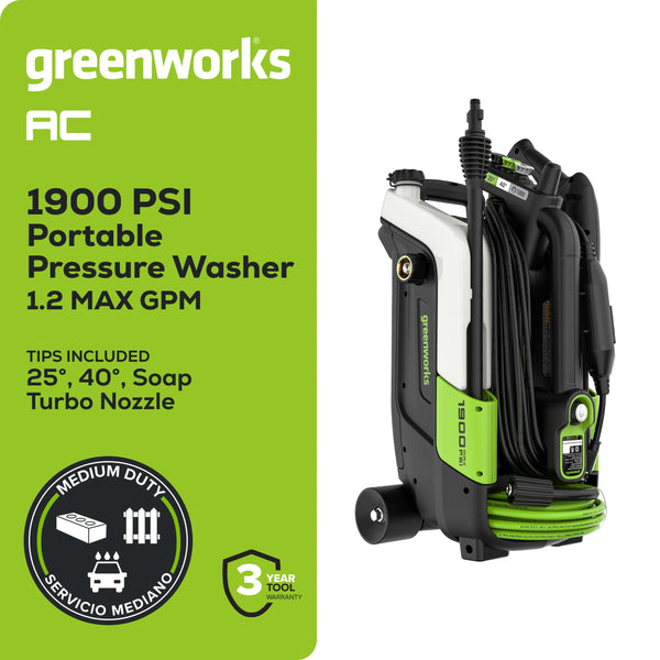 Greenworks 1900-PSI 1.2-GPM Cold Water Electric Pressure washer with 4 Spray Tips 1825