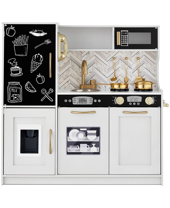Best Choice Products Pretend Play Kitchen Wooden Toy Set for Kids w/ Telephone, Utensils, Oven, Microwave - White -C8-0489