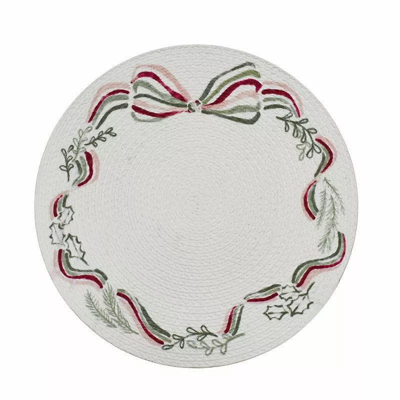 3 pack St. Nicholas Square  Ribbon Wreath Printed Braid Placemat, Ivory Wreath -B9-1234