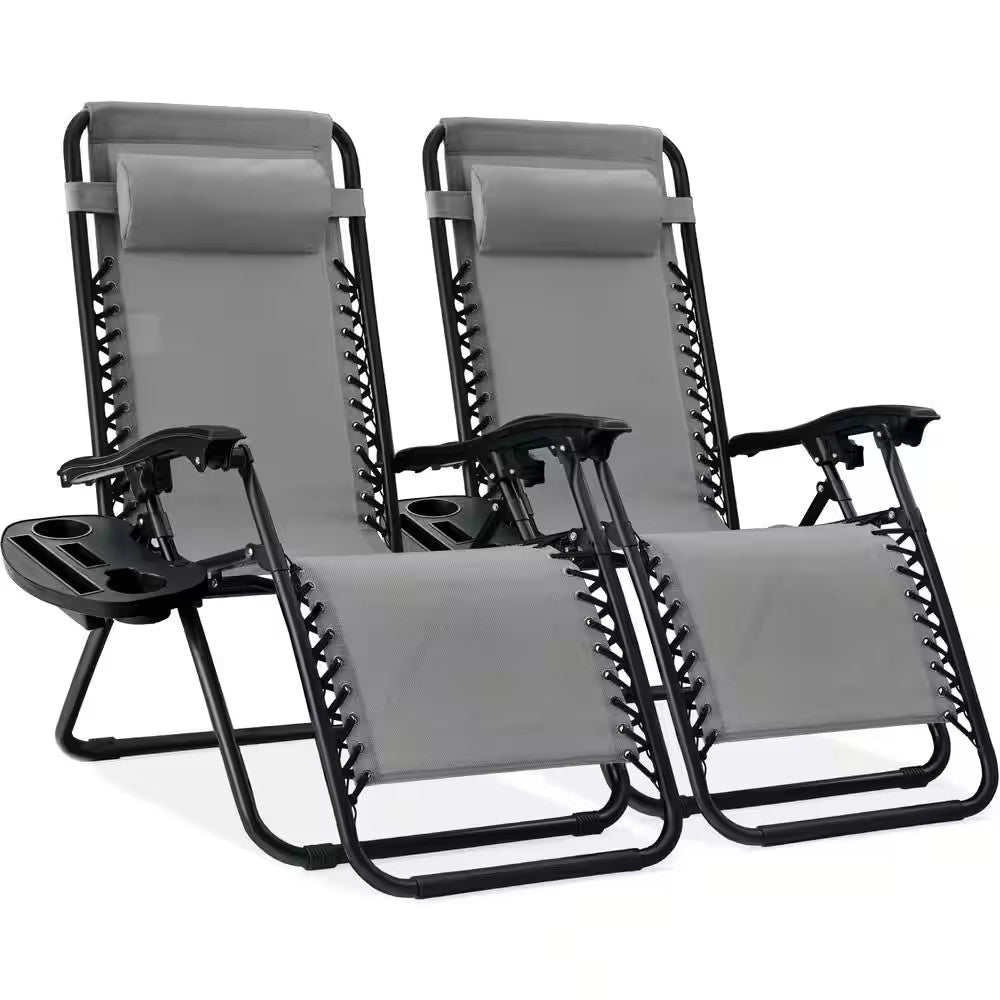 Ice Gray Metal Zero Gravity Reclining Lawn Chair with Cup Holders (2-Pack) -M4-0021