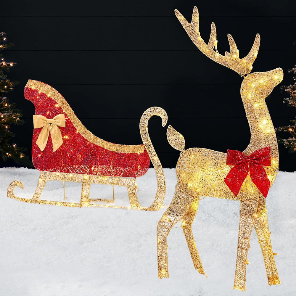 Best Choice Products 4ft Lighted 2D Reindeer & Sleigh Set, Christmas Holiday Deer & Sled Outdoor Yard Decoration w/ 140 LED Lights - Gold 1487