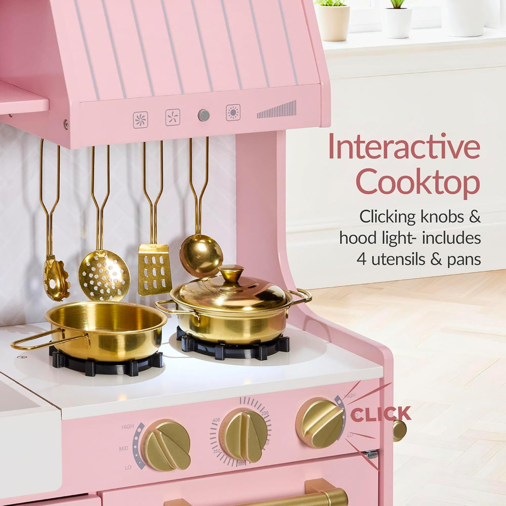 Best Choice Products Toddler Kitchen Playset with Pretend Play Espresso Machine, Interactive Wooden Kids Play Kitchen Equipped with Toy Storage and 17 Accessories - Pink - G8 - 1014 -H1-1626