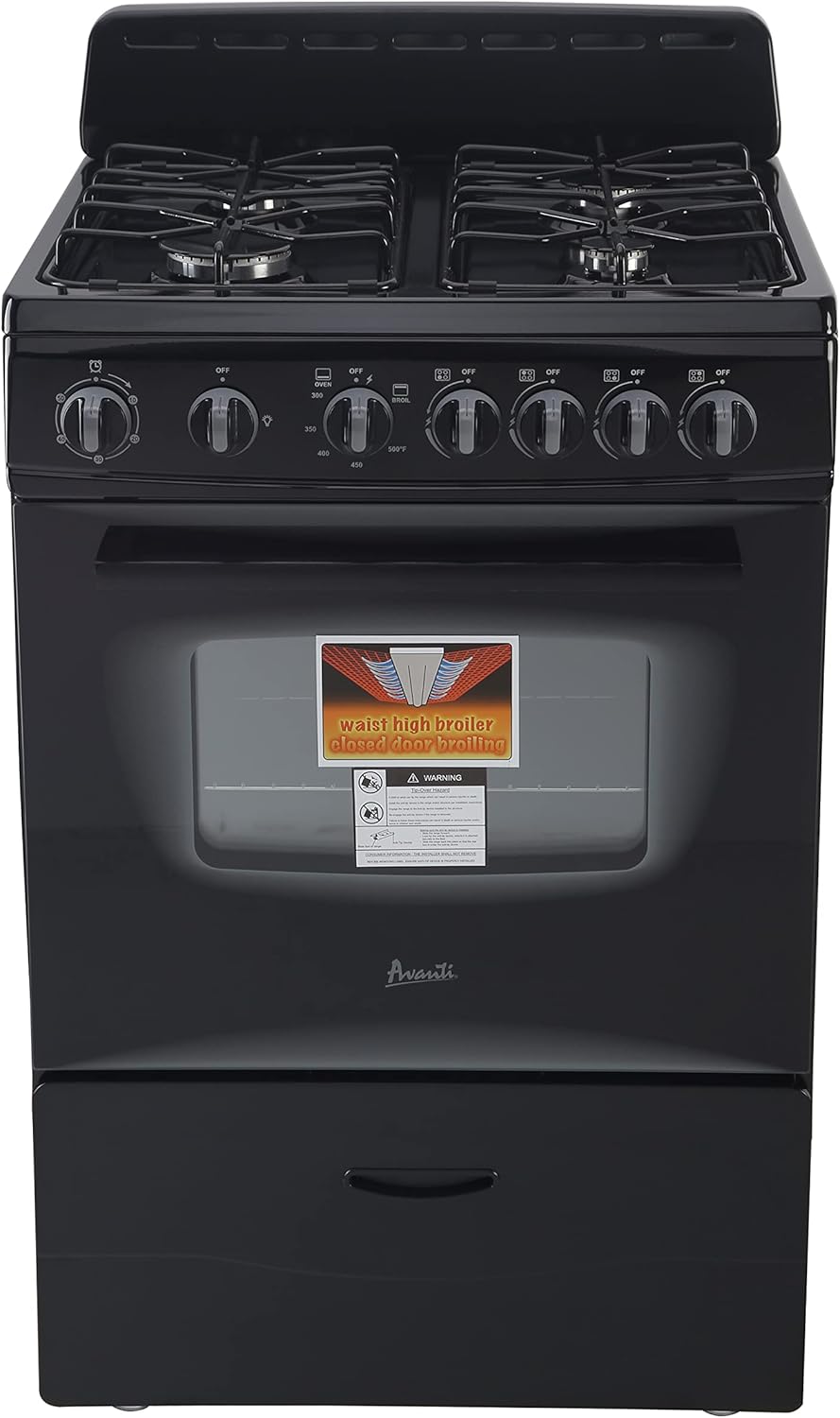 Avanti GR2415CB Gas Range Oven Compact Freestanding Design, 4 Sealed Burners with Electronic Ignition, 2.6 Cu.Ft. Capacity Features Storage Drawer Broiler and Accessories, 24-Inch, Black - L167