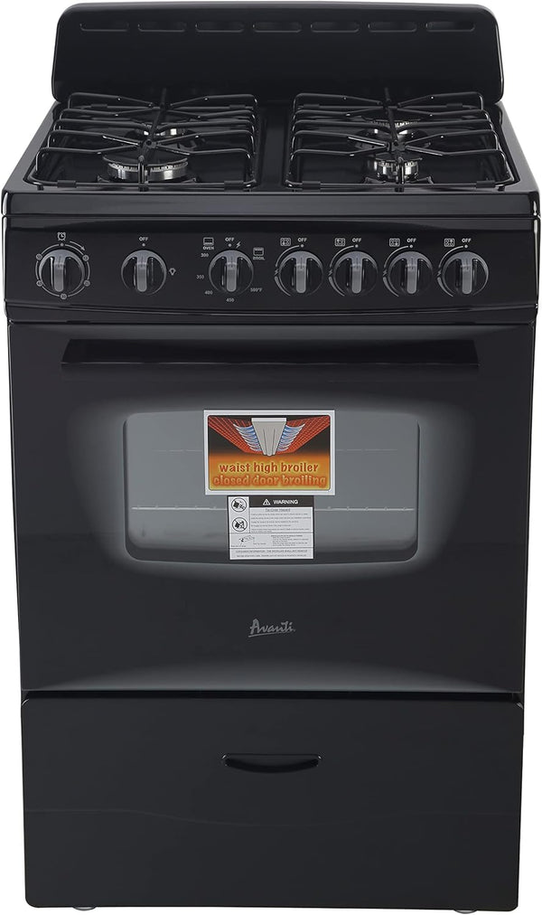 Avanti GR2415CB Gas Range Oven Compact Freestanding Design, 4 Sealed Burners with Electronic Ignition, 2.6 Cu.Ft. Capacity Features Storage Drawer Broiler and Accessories, 24-Inch, Black - L167