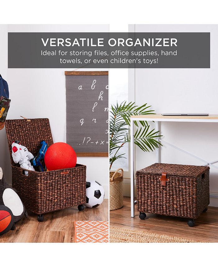 Best Choice Products Hyacinth Rolling Filing Cabinet Mobile Organizer Storage Basket w/ Lid, Locking Wheels - Brown -A8-0416